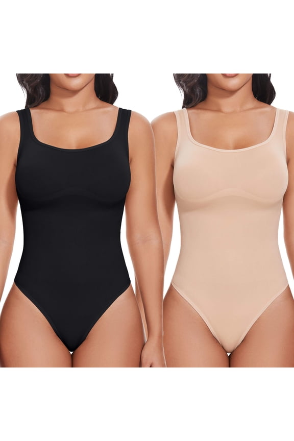 2 Packs Backless Square Neck Bodysuit Shapewear for Women Full Body Shaper Tummy Control Butt Lifting Seamless Slimming Tank Top