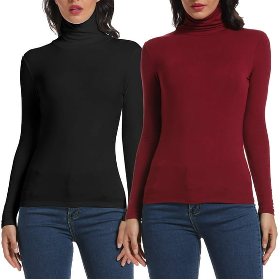 ANYFIT WEAR 2 Packs Long Sleeve Mock Turtleneck Underwear Top Stretch Slim Fitted Layer Basic Tee Tops Black-Wine Red S