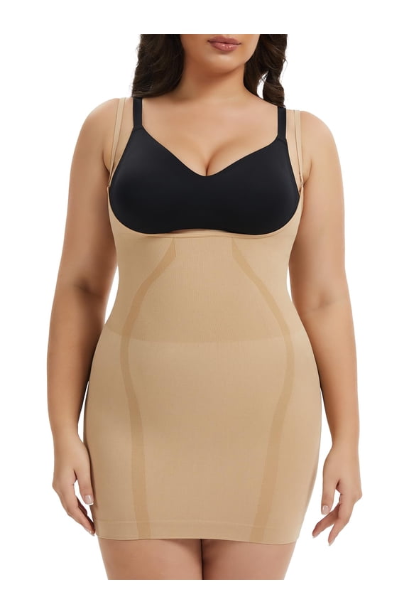 Plus Size Shapewear Dress for Women Tummy Control Open Bust Full Slip Under Dresses Sculpt Body Shaper