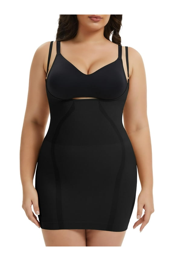 Plus Size Shapewear Dress for Women Tummy Control Open Bust Full Slip Under Dresses Sculpt Body Shaper