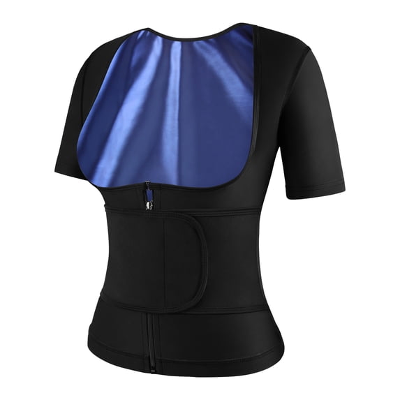 ANYFIT WEAR Sweat Sauna Suit for Women Workout Waist Trainer Trimmer Belt Short Sleeve Shirt Body Shaper Top with Zipper