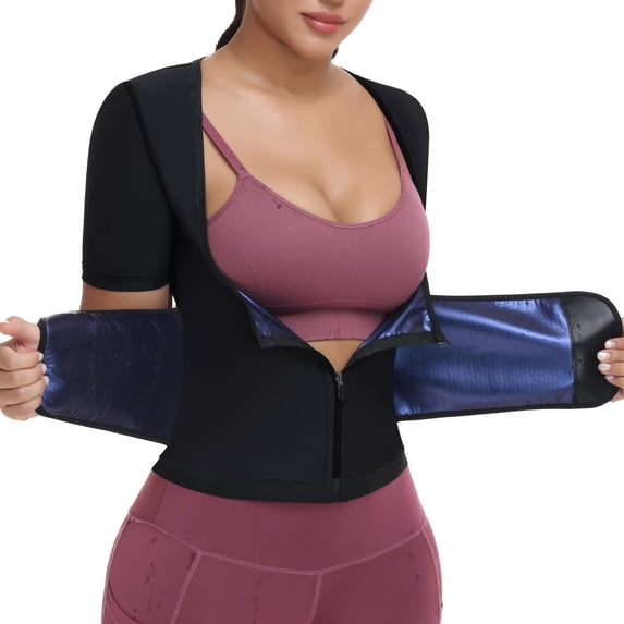 ANYFIT WEAR Sweat Sauna Suit for Women Workout Waist Trainer Trimmer Belt Short Sleeve Shirt Body Shaper Top with Zipper