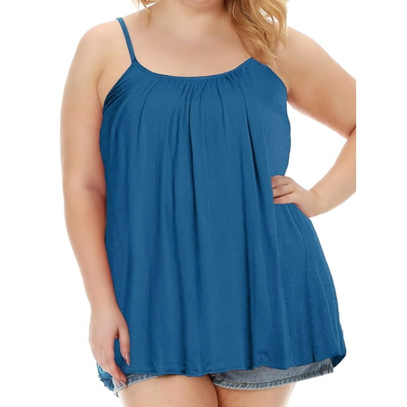 ANYFIT WEAR Women Tank Top with Built in Bra Flowly Relaxed Cami Adjustable Straps Camisole with Pleats Navy,S