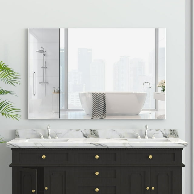 "ANYHI 48""x32"" White Frame Rectangle Bathroom Mirror - Wall Mounted ...
