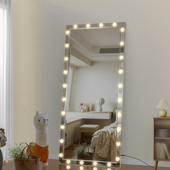 ANYHI Hollywood LED Full Body Mirror with Lights Full Length Vanity Mirror with 3 Color Mode Lights, Vertical Horizontal Hanging Aluminum Framed Mirror,Large Touch Floor Mirror, Silver ,72x36inc
