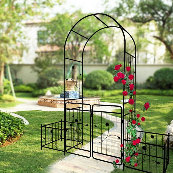 ANYHI Metal Garden Arch with Gate 79.5'' Wide x 86.6'' High Climbing Plants Support Rose Arch Outdoor Black
