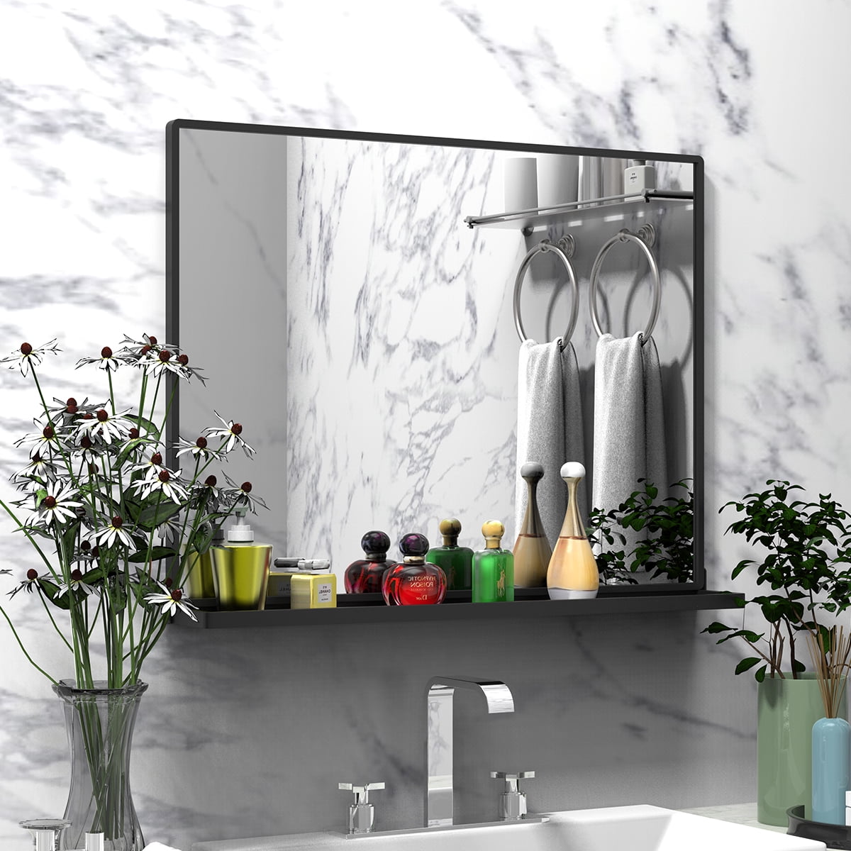 ANYHI Rectangular Bathroom and Living Room Metal Wall Mirror with Shelf ...