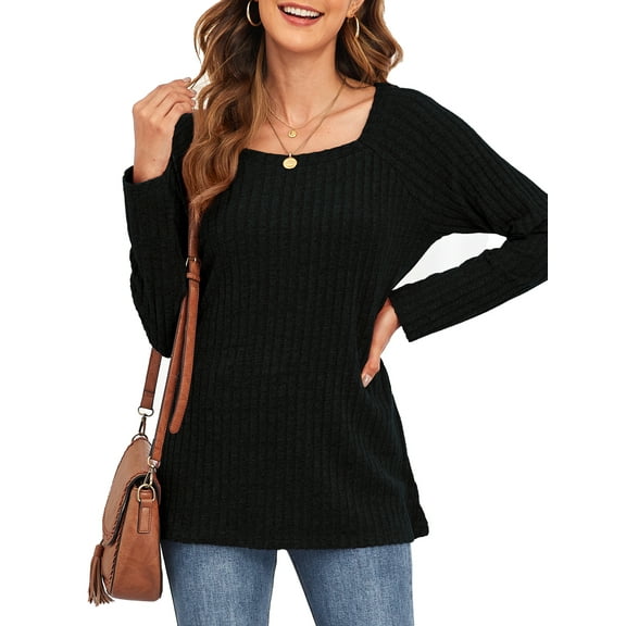 ANYJOIN Long Sleeve Shirts for Women Square Neck Fall Tops Lightweight Tunic Sweaters