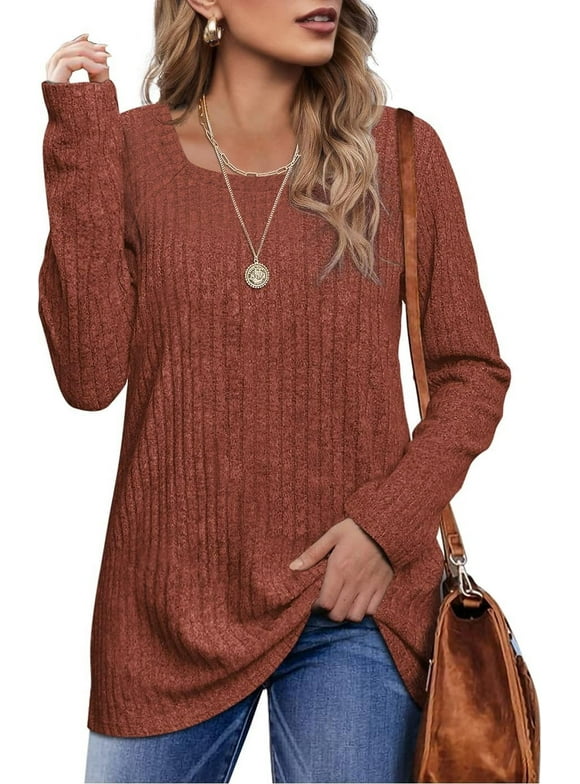 Long Sleeve Shirts for Women Square Neck Fall Tops Lightweight Tunic Sweaters