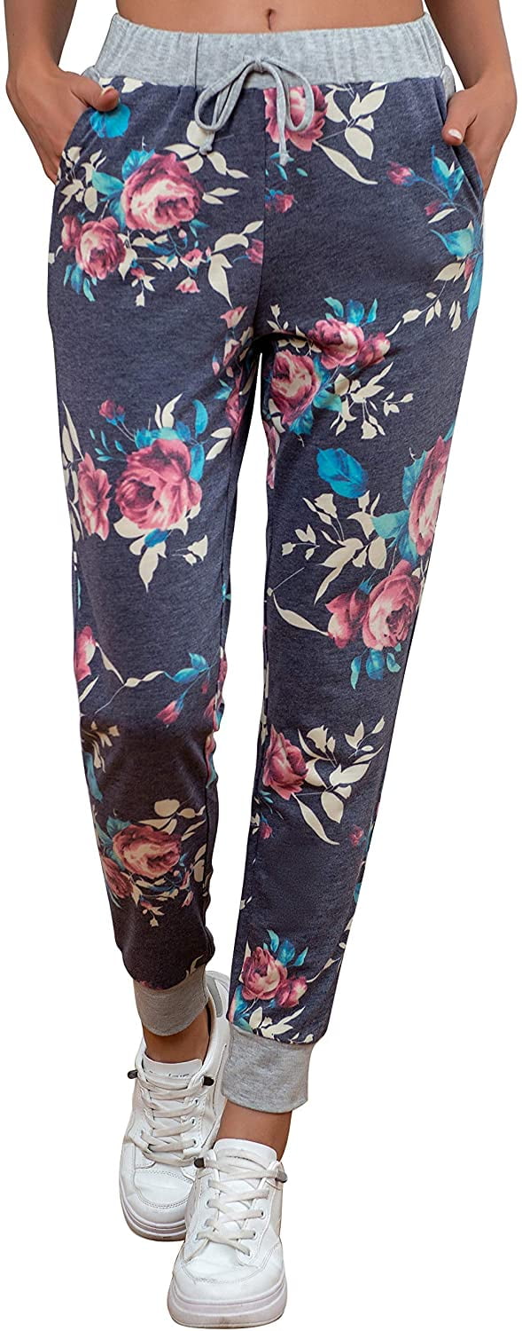 ANYJOIN Women Comfy Loungewear Pants Floral Print Pajama Pants Drawstring Waist Stretch Sweatpants with Pockets