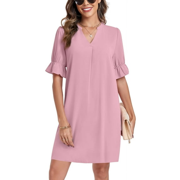 ANYJOIN Women Summer Dresses V Neck Ruffle Short Sleeve Sundress Casual Shift Dress