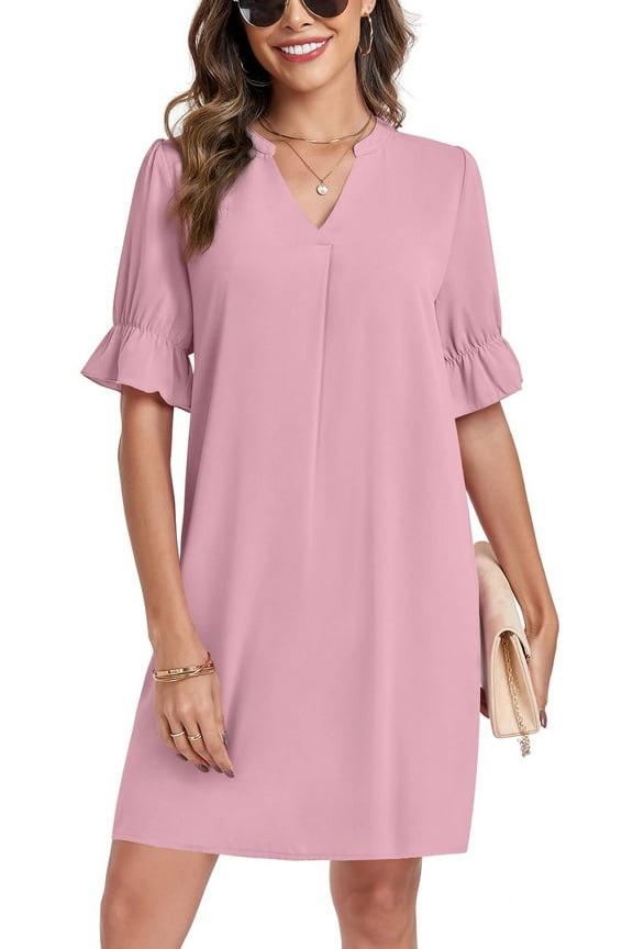 Women Summer Dresses V Neck Ruffle Short Sleeve Sundress Casual Shift Dress