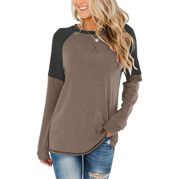 ANYJOIN Women's Casual Long Sleeve Tunic Tops Crew Neck Color Block Blouses