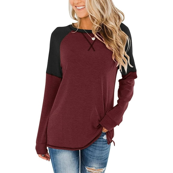 ANYJOIN Women's Casual Long Sleeve Tunic Tops Crew Neck Color Block Blouses