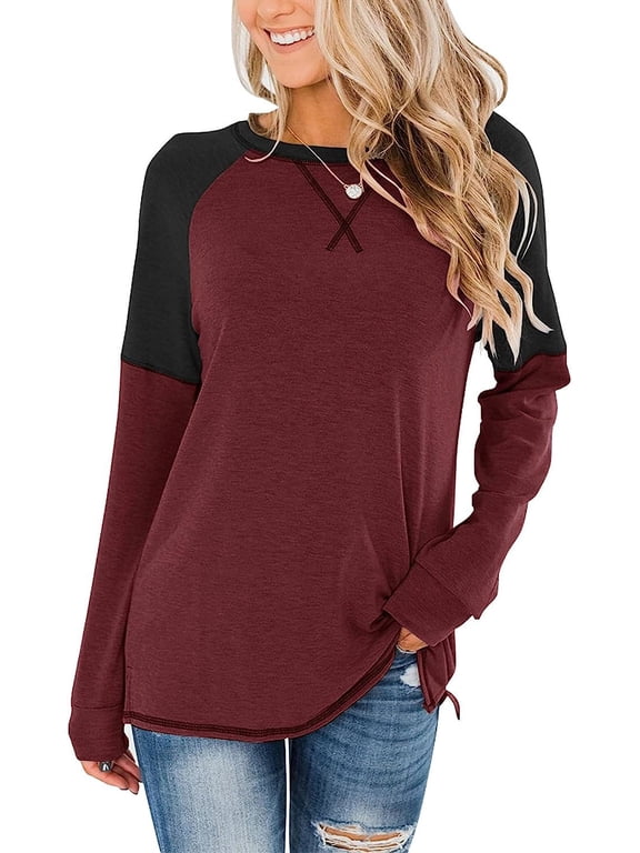 Women's Casual Long Sleeve Tunic Tops Crew Neck Color Block Blouses