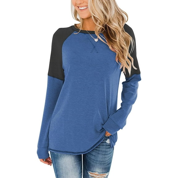 ANYJOIN Women's Casual Long Sleeve Tunic Tops Crew Neck Color Block Blouses