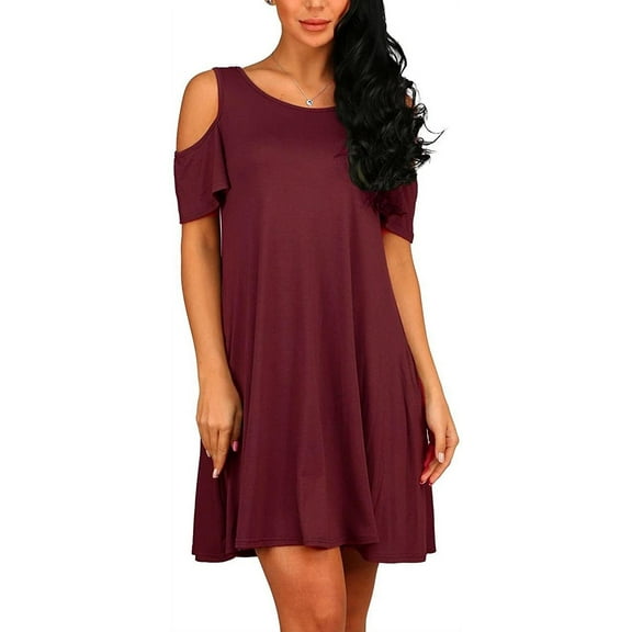 ANYJOIN Women's Cold Shoulder Short Sleeve Swing Mini Dress Party Dress with Pocket
