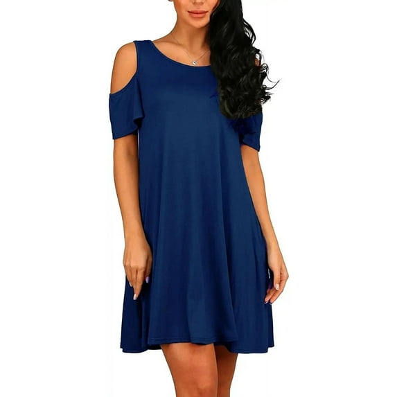 ANYJOIN Women's Cold Shoulder Short Sleeve Swing Mini Dress Party Dress with Pocket