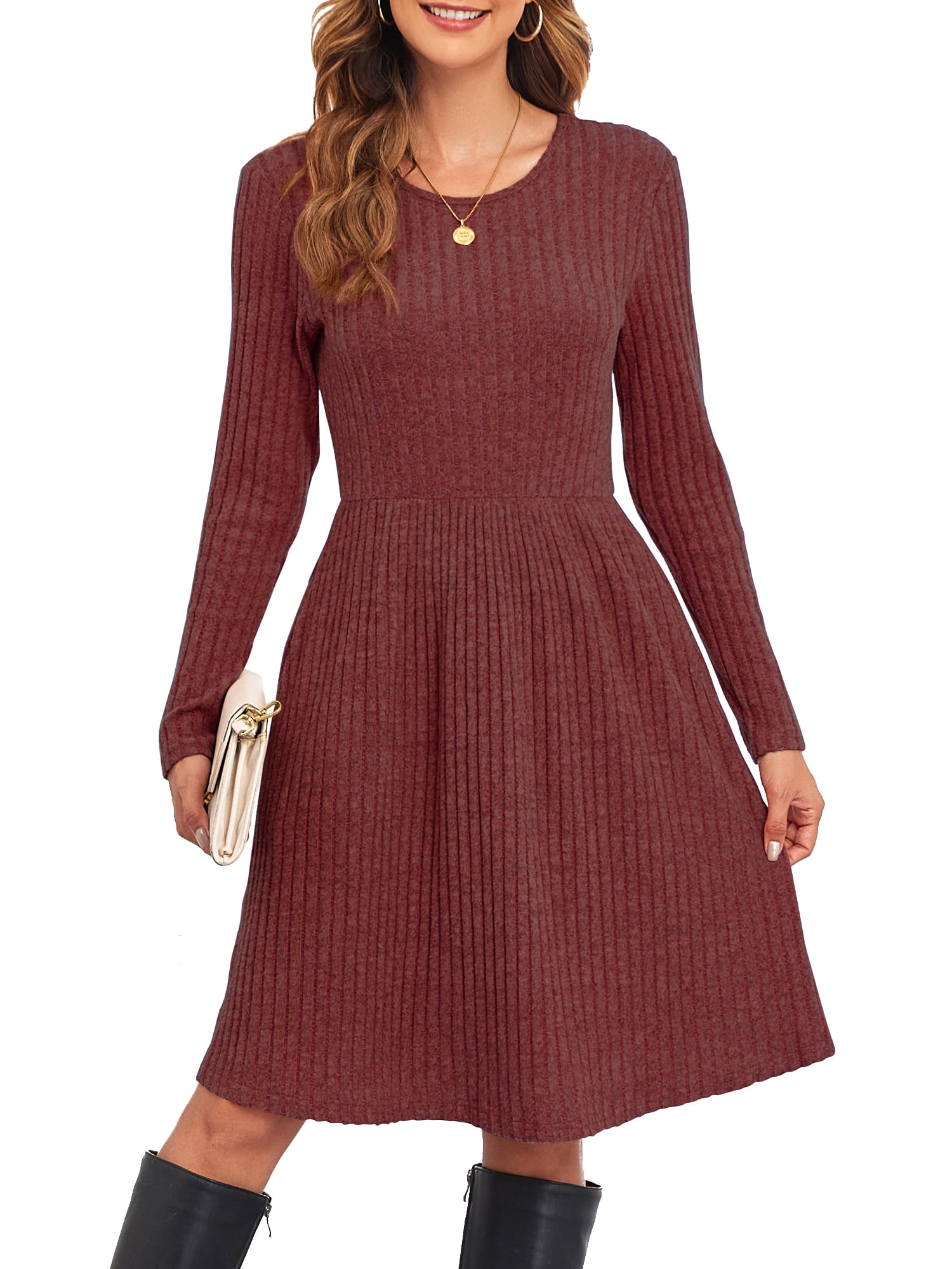 ANYJOIN Women's Knit Sweater Dress Long Sleeve Pleated Loose Casual Dress with Pockets Knee Length