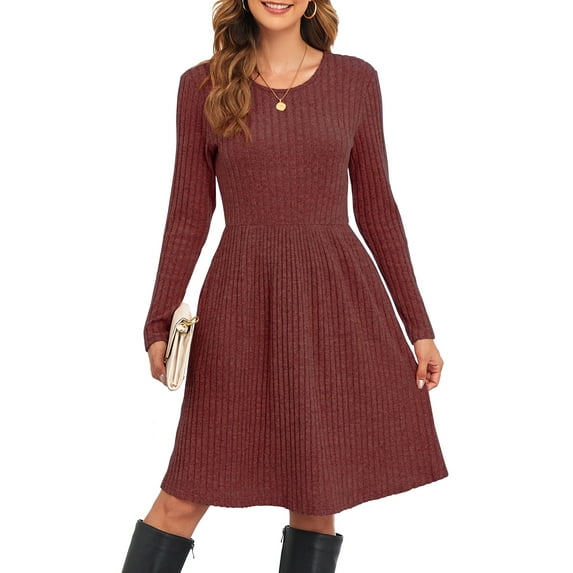 ANYJOIN Women's Knit Sweater Dress Long Sleeve Pleated Loose Casual Dress with Pockets Knee Length