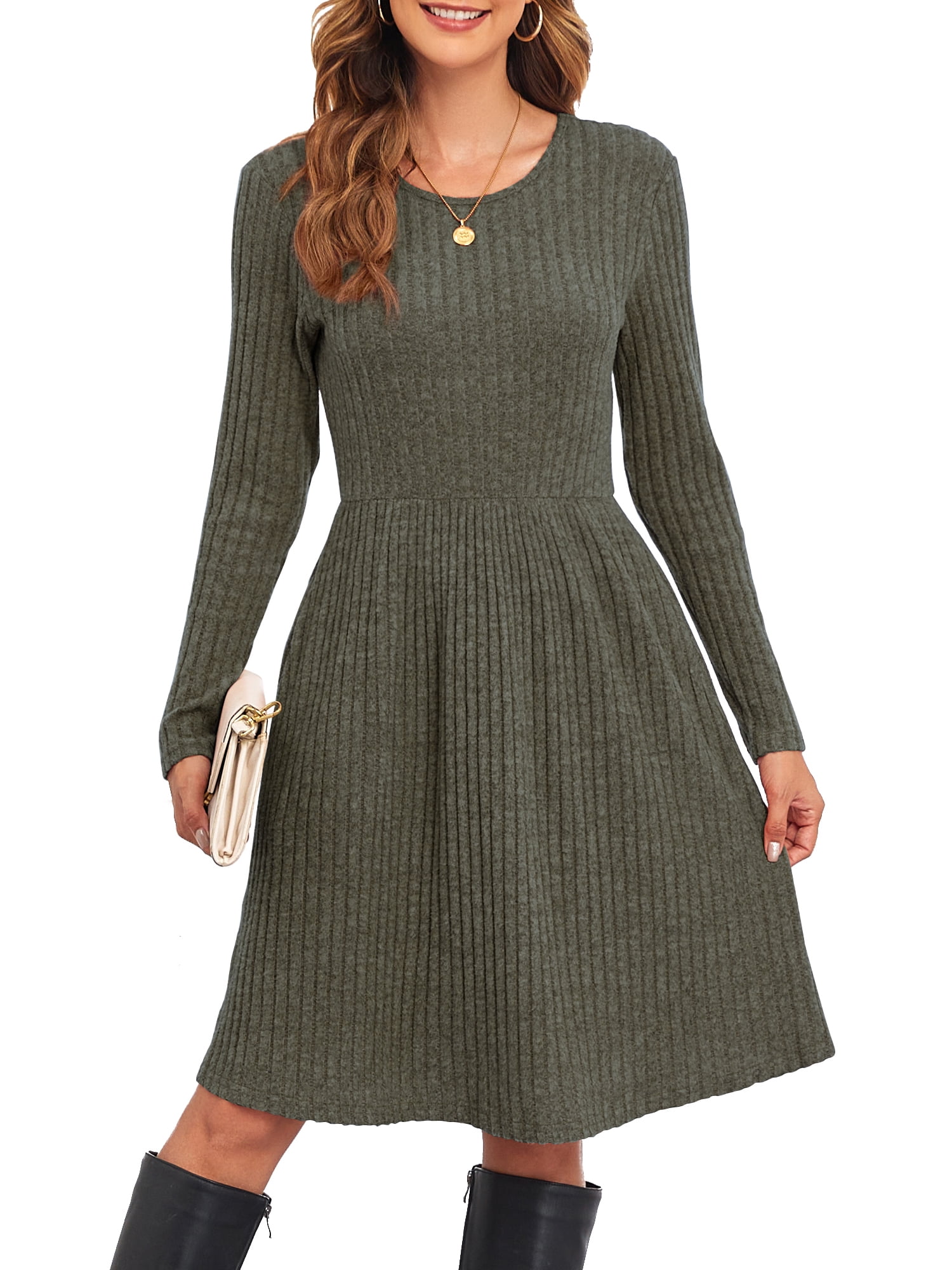 ANYJOIN Women's Knit Sweater Dress Long Sleeve Pleated Loose Casual Dress  with Pockets Knee Length