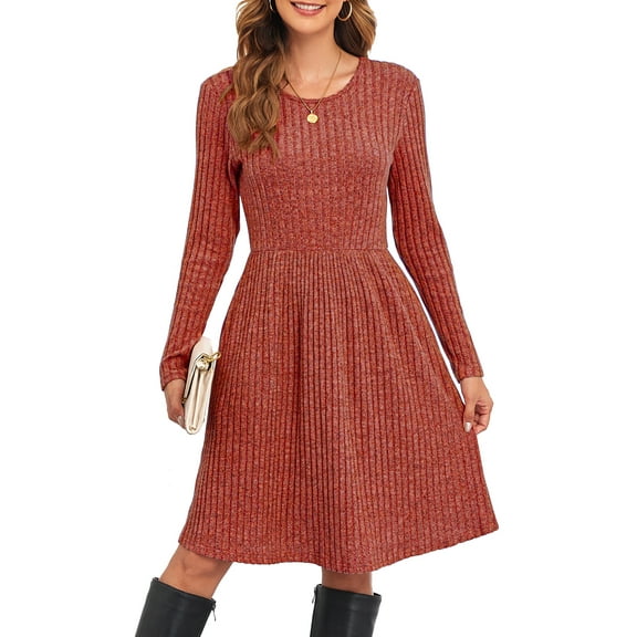 ANYJOIN Women's Knit Sweater Dress Long Sleeve Pleated Loose Casual Dress with Pockets Knee Length