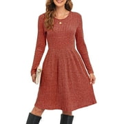 ANYJOIN Women's Knit Sweater Dress Long Sleeve Pleated Loose Casual Dress with Pockets Knee Length