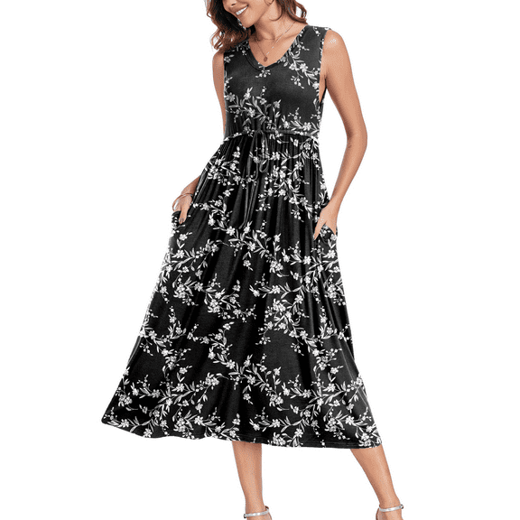 ANYJOIN Women's Sleeveless Tank Dress Summer Casual Swing Sundress Midi Dress with Pockets