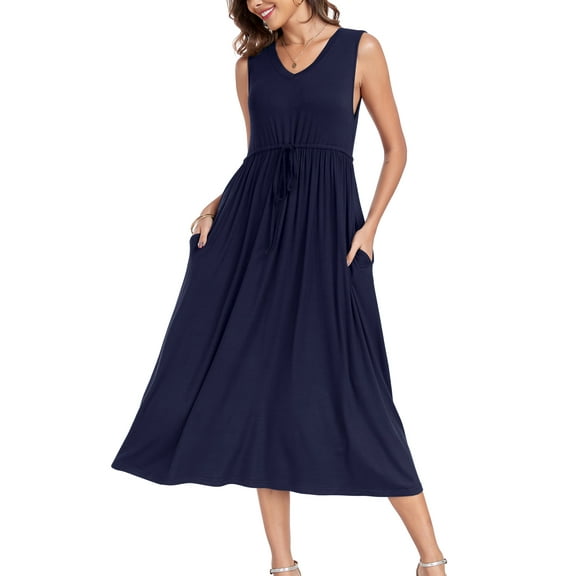 ANYJOIN Women's Sleeveless Tank Dress Summer Casual Swing Sundress Midi Dress with Pockets