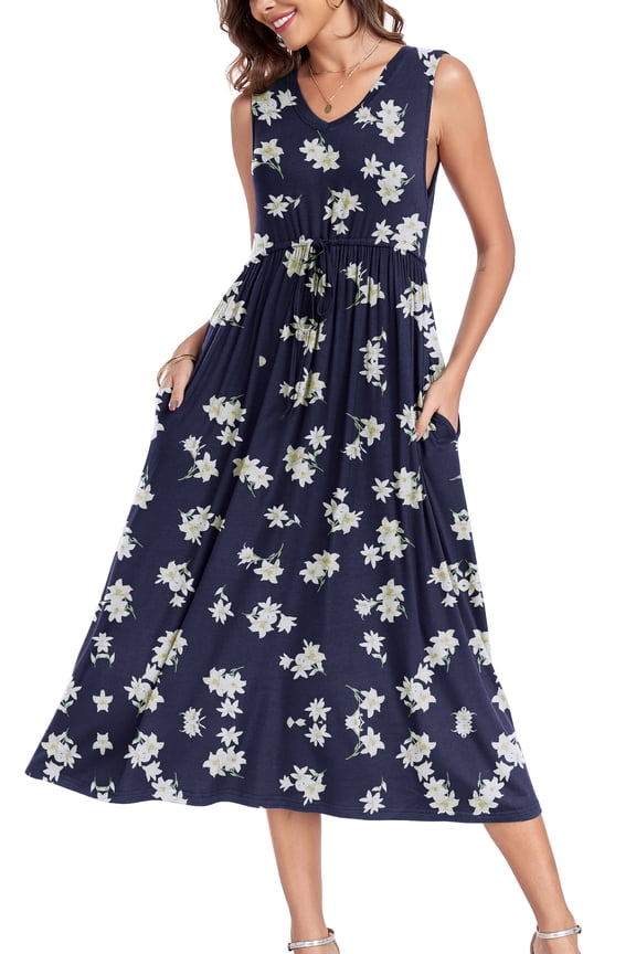 Women's Sleeveless Tank Dress Summer Casual Swing Sundress Midi Dress with Pockets