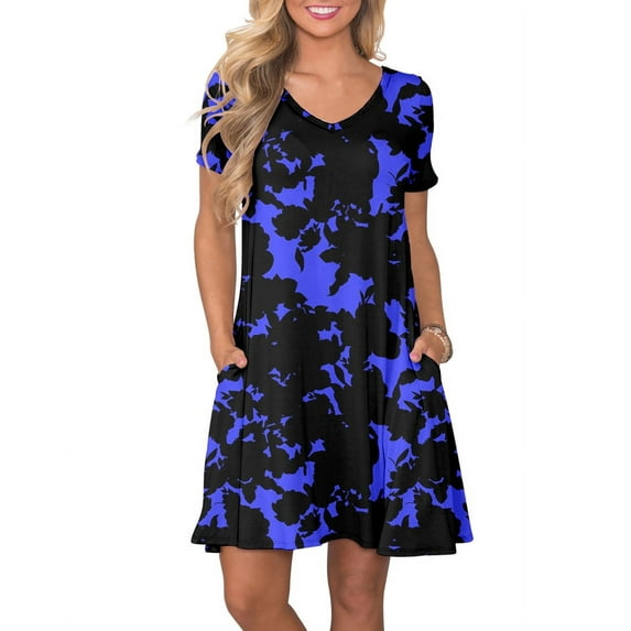 ANYJOIN Women's Summer Casual Dresses V Neck Short Sleeve Swing Dress with Pockets