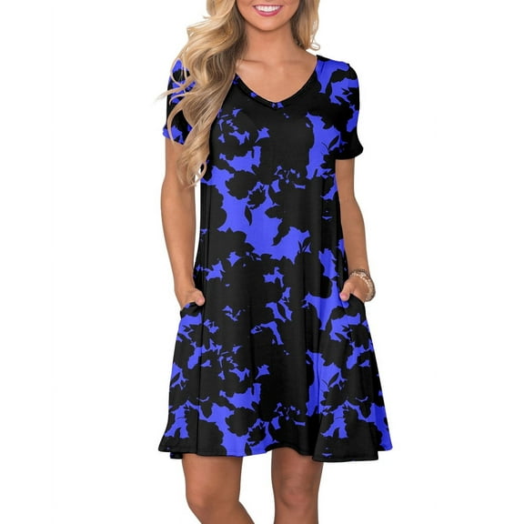 ANYJOIN Women's Summer Casual Dresses V Neck Short Sleeve Swing Dress with Pockets