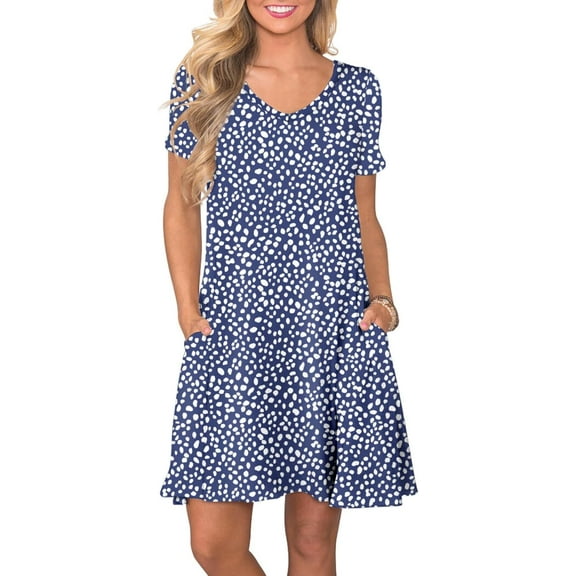 ANYJOIN Women's Summer Casual Dresses V Neck Short Sleeve Swing Dress with Pockets