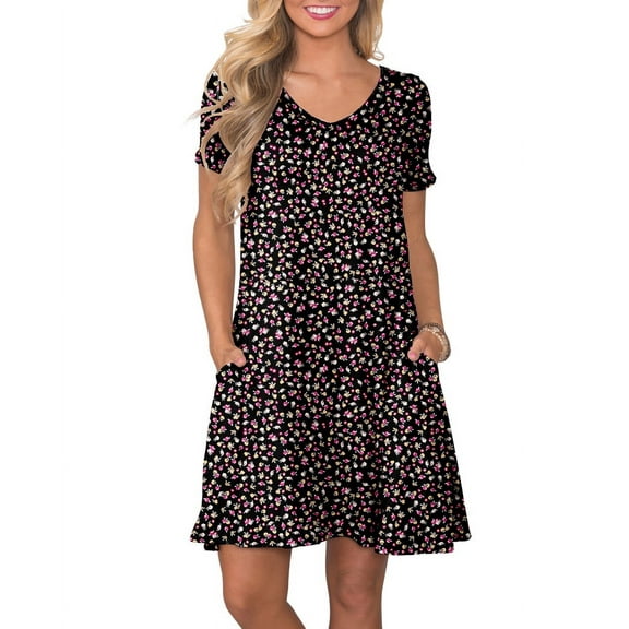 ANYJOIN Women's Summer Casual Dresses V Neck Short Sleeve Swing Dress with Pockets