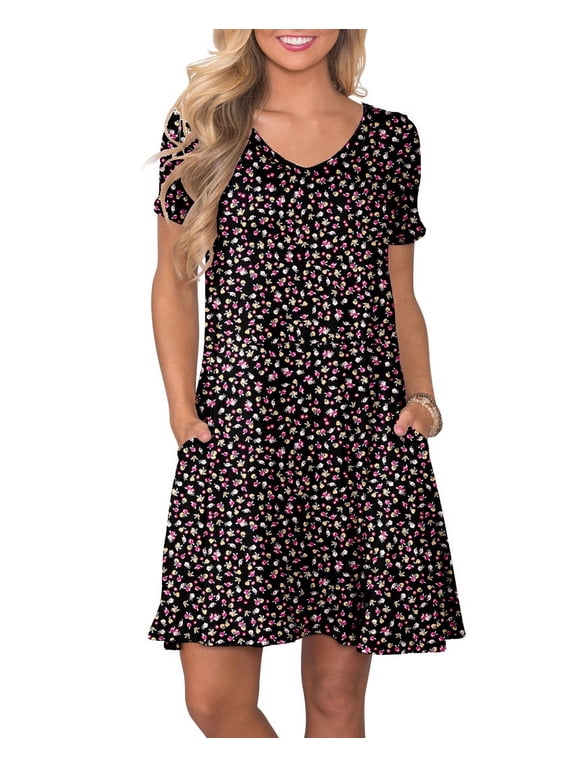 ANYJOIN Women's Summer Casual Dresses V Neck Short Sleeve Swing Dress with Pockets