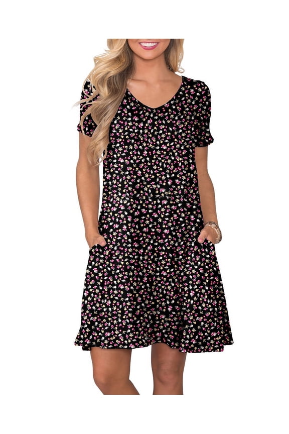 Women's Summer Casual Dresses V Neck Short Sleeve Swing Dress with Pockets