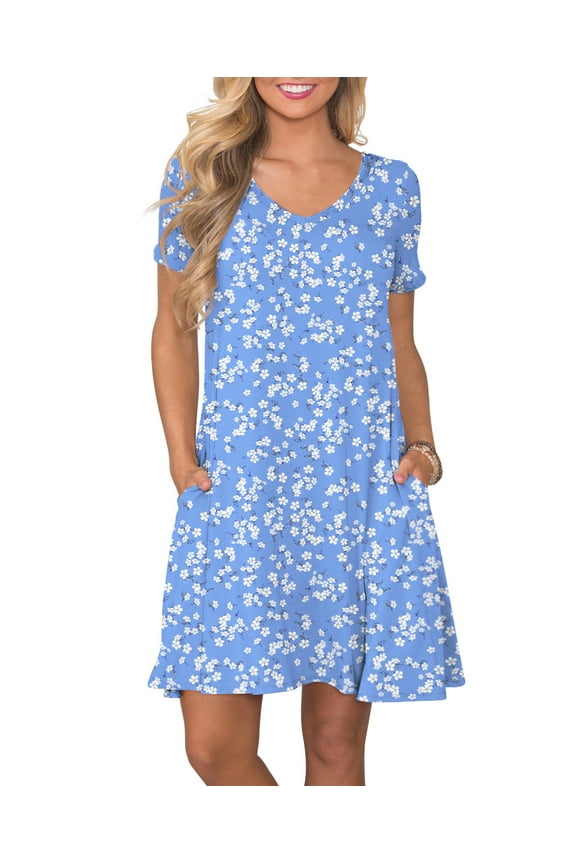 Women's Summer Casual Dresses V Neck Short Sleeve Swing Dress with Pockets