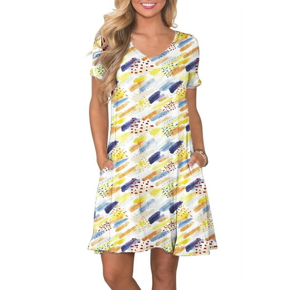 ANYJOIN Women's Summer Casual Dresses V Neck Short Sleeve Swing Dress with Pockets