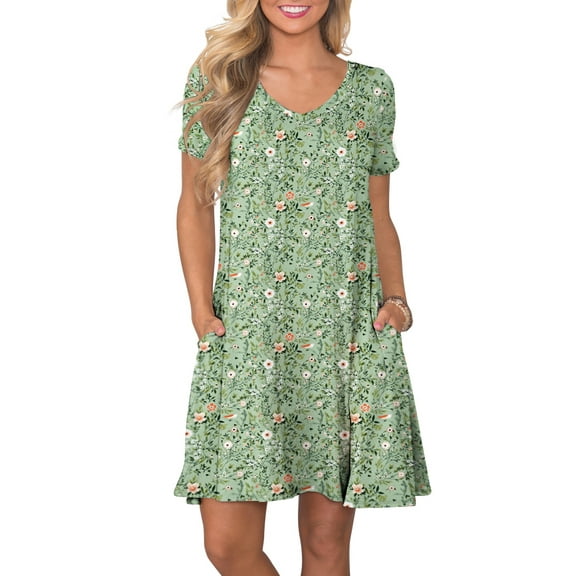 ANYJOIN Women's Summer Casual Dresses V Neck Short Sleeve Swing Dress with Pockets