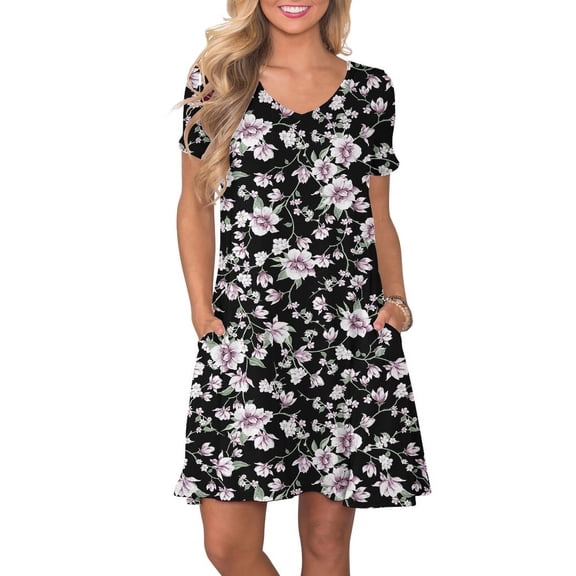 ANYJOIN Women's Summer Casual Dresses V Neck Short Sleeve Swing Dress with Pockets