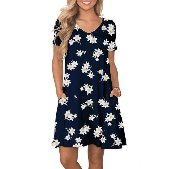 ANYJOIN Women's Summer Casual Dresses V Neck Short Sleeve Swing Dress with Pockets