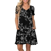 ANYJOIN Women's Summer Casual Dresses V Neck Short Sleeve Swing Dress with Pockets