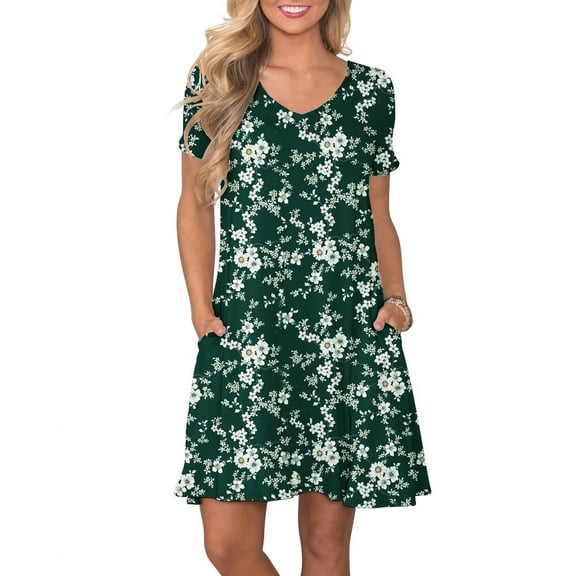 ANYJOIN Women's Summer Casual Dresses V Neck Short Sleeve Swing Dress with Pockets