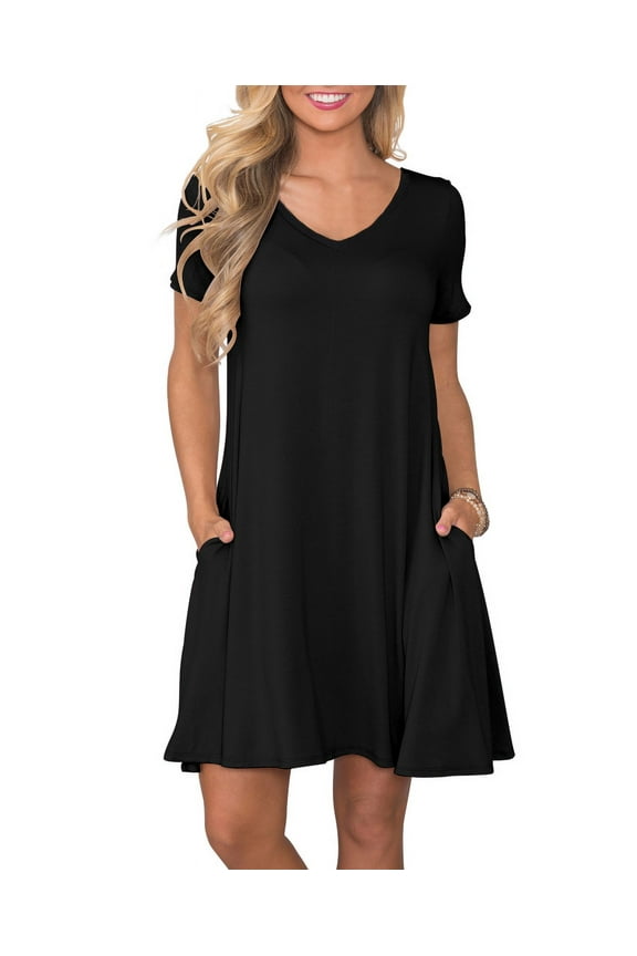 Women's Summer Casual Dresses V Neck Short Sleeve Swing Dress with Pockets