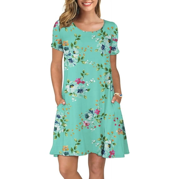 ANYJOIN Women's Summer Casual T Shirt Dresses Short Sleeve Swing Dress Pockets L