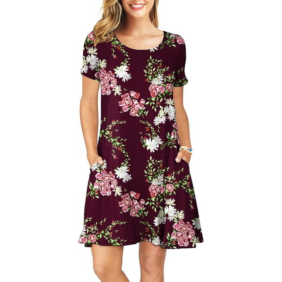 ANYJOIN Women's Summer Casual T Shirt Dresses Short Sleeve Swing Dress Pockets L