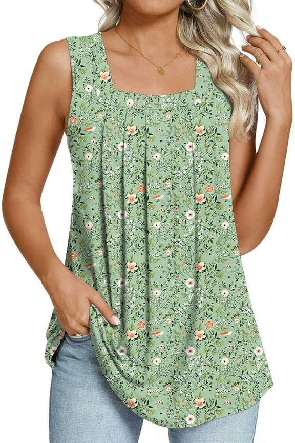 Women's Summer Tank Tops Loose Fit Pleated Square Neck Sleeveless Blouse Tunic Tops