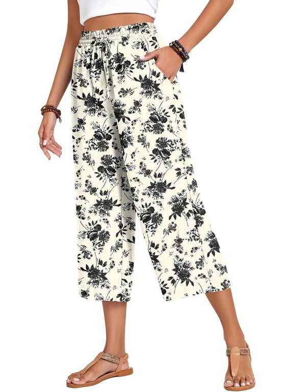 Womens Capri Pants Loose High Waisted Wide Leg Lounge Pants Drawstring Casual Palazzo Pants Trousers with Pockets