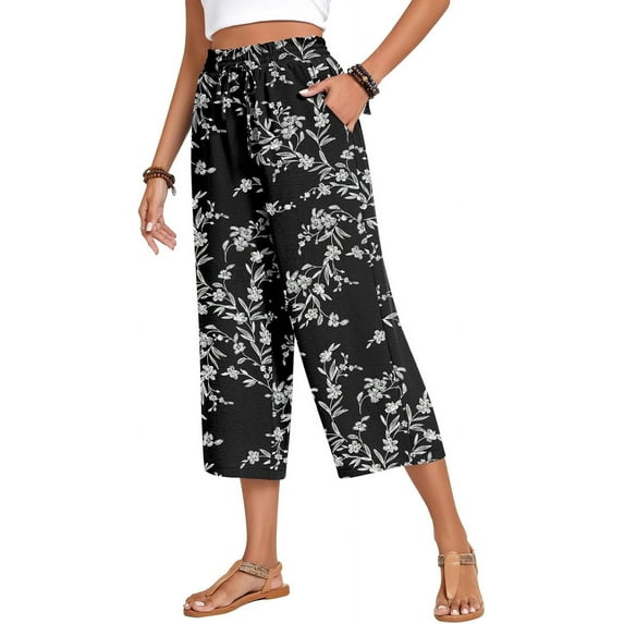 ANYJOIN Womens Capri Pants Loose High Waisted Wide Leg Lounge Pants Drawstring Casual Palazzo Pants Trousers with Pockets