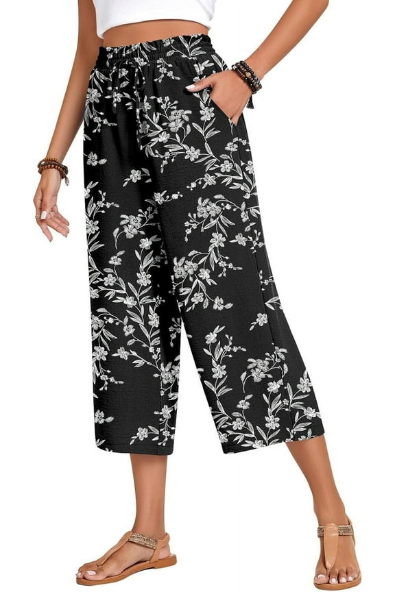 Womens Capri Pants Loose High Waisted Wide Leg Lounge Pants Drawstring Casual Palazzo Pants Trousers with Pockets